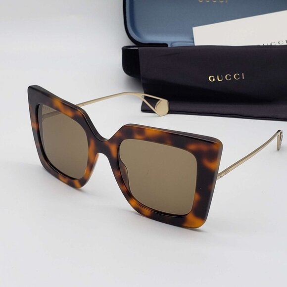 Gucci Havana Gold Brown Square Ladies Sunglasses - Picture 1 of 14